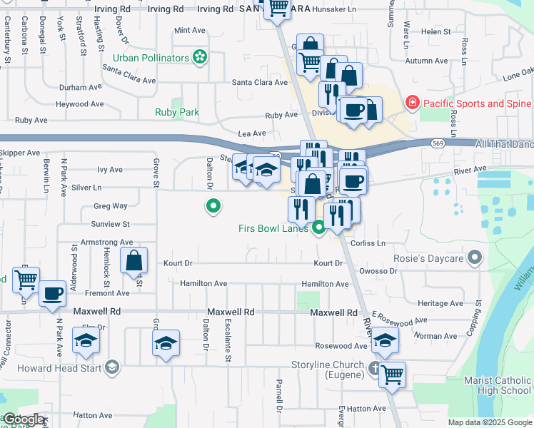 map of restaurants, bars, coffee shops, grocery stores, and more near 200 Silver Lane in Eugene