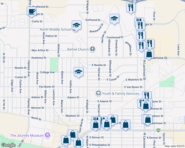 map of restaurants, bars, coffee shops, grocery stores, and more near 124 East Custer Street in Rapid City