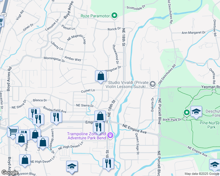 map of restaurants, bars, coffee shops, grocery stores, and more near 20854 Nova Loop in Bend