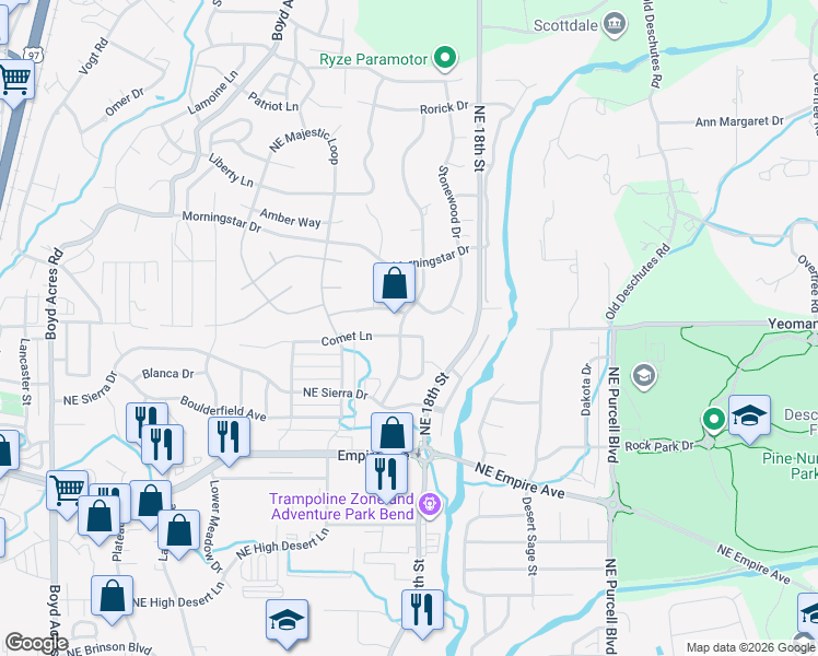 map of restaurants, bars, coffee shops, grocery stores, and more near 20854 Nova Loop in Bend