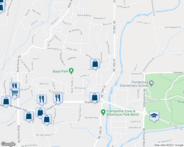map of restaurants, bars, coffee shops, grocery stores, and more near 63177 Eastview Drive in Bend