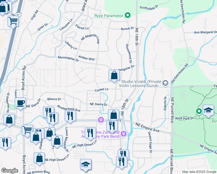 map of restaurants, bars, coffee shops, grocery stores, and more near 63177 Eastview Drive in Bend
