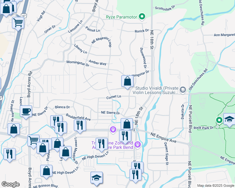 map of restaurants, bars, coffee shops, grocery stores, and more near 21036 Northeast High Desert Lane in Bend
