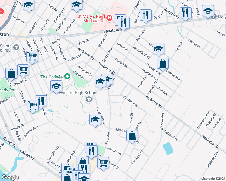 map of restaurants, bars, coffee shops, grocery stores, and more near 5 Boston Avenue in Lewiston