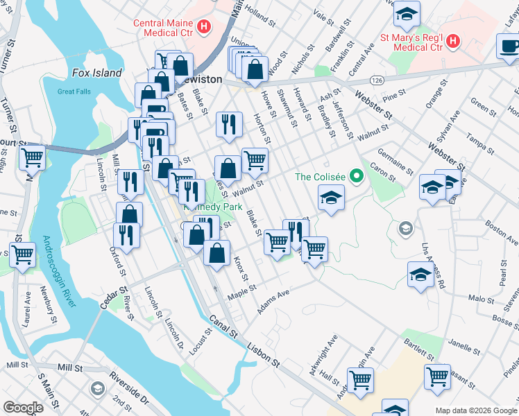 map of restaurants, bars, coffee shops, grocery stores, and more near 137 Pierce Street in Lewiston