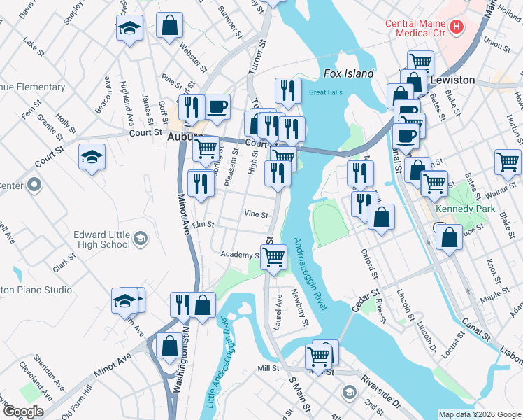 map of restaurants, bars, coffee shops, grocery stores, and more near 19 Elm Street in Auburn