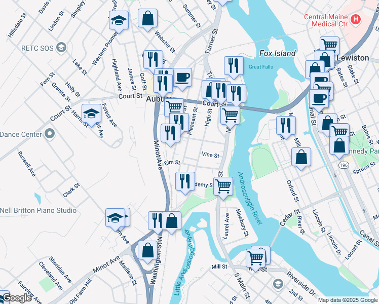 map of restaurants, bars, coffee shops, grocery stores, and more near 43 Elm Street in Auburn