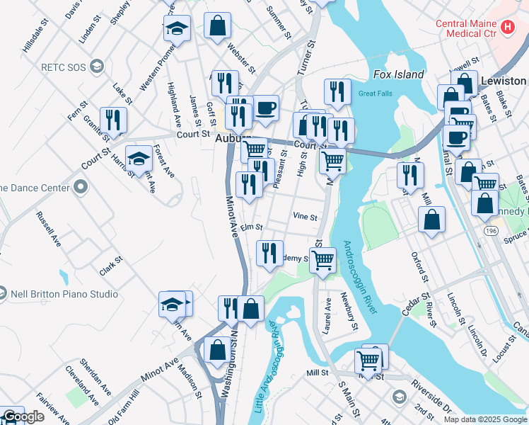 map of restaurants, bars, coffee shops, grocery stores, and more near 64 Elm Street in Auburn