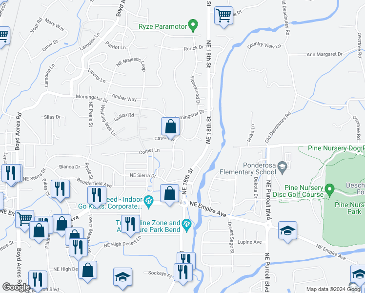 map of restaurants, bars, coffee shops, grocery stores, and more near 20838 Nova Loop in Bend