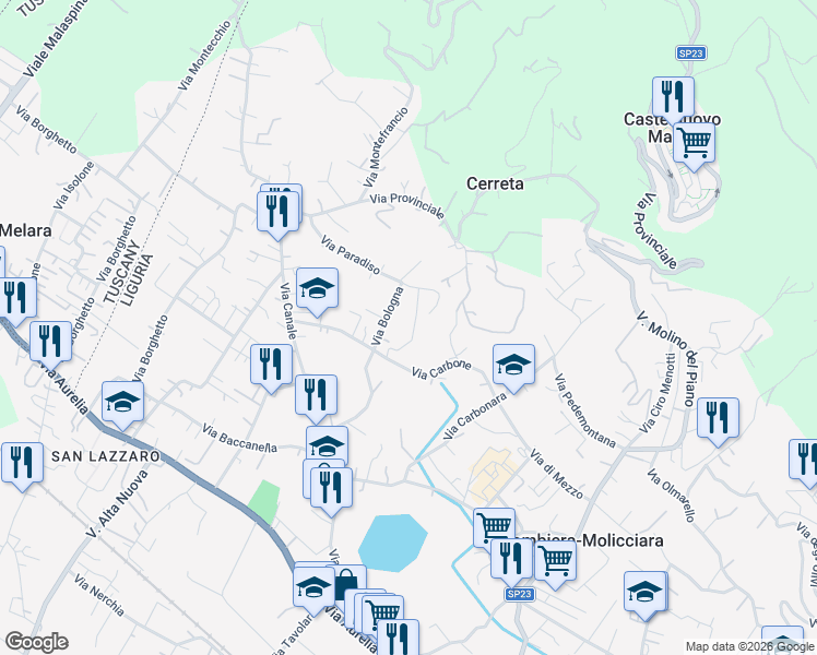 map of restaurants, bars, coffee shops, grocery stores, and more near 17 Via Carbone in Colombiera-molicciara