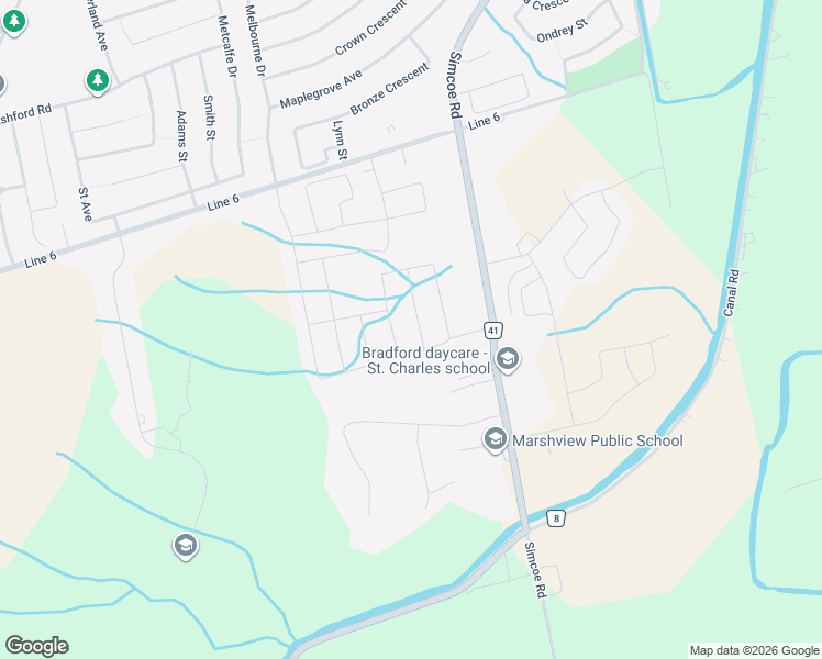 map of restaurants, bars, coffee shops, grocery stores, and more near 60 Lewis Avenue in Bradford West Gwillimbury