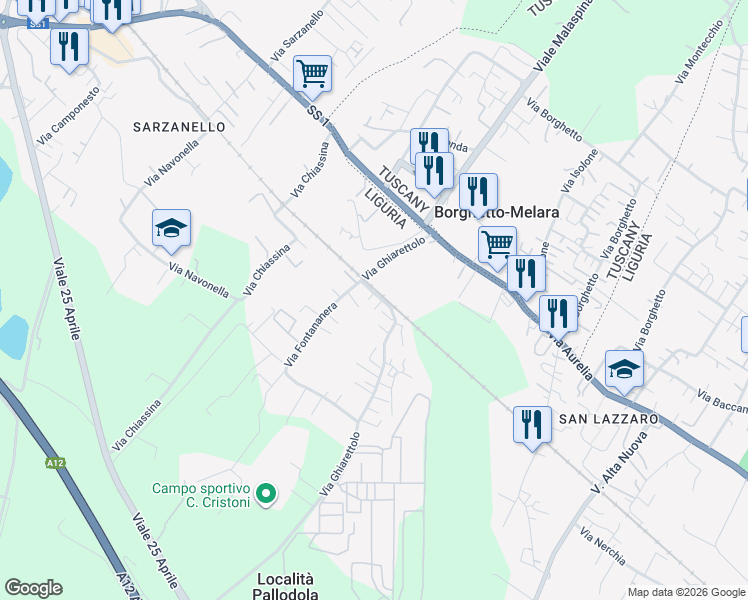 map of restaurants, bars, coffee shops, grocery stores, and more near 10 Via Ghiarettolo in Sarzana