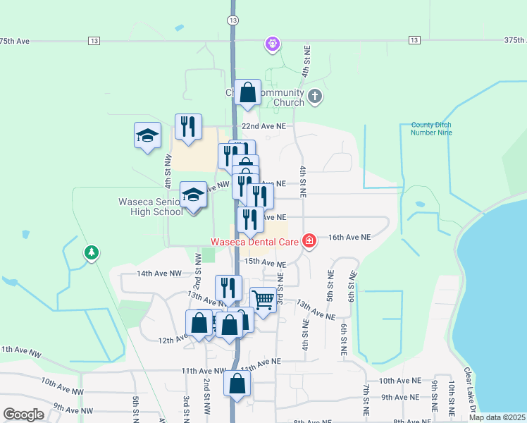 map of restaurants, bars, coffee shops, grocery stores, and more near 140 17th Avenue Northeast in Waseca