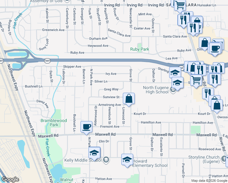 map of restaurants, bars, coffee shops, grocery stores, and more near 790 Sunview Street in Eugene