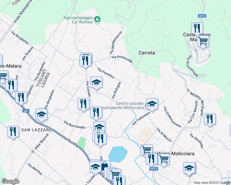 map of restaurants, bars, coffee shops, grocery stores, and more near 12 Via Carbone in Colombiera-molicciara