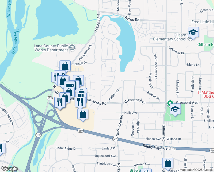 map of restaurants, bars, coffee shops, grocery stores, and more near 1523 Balboa Street in Eugene