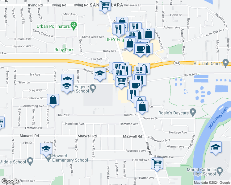 map of restaurants, bars, coffee shops, grocery stores, and more near 1970 River Road in Eugene
