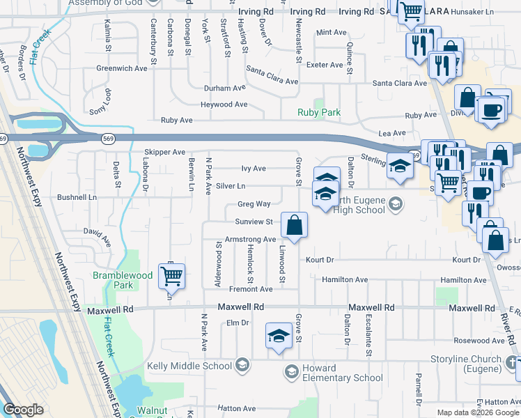 map of restaurants, bars, coffee shops, grocery stores, and more near 790 Sunview Street in Eugene