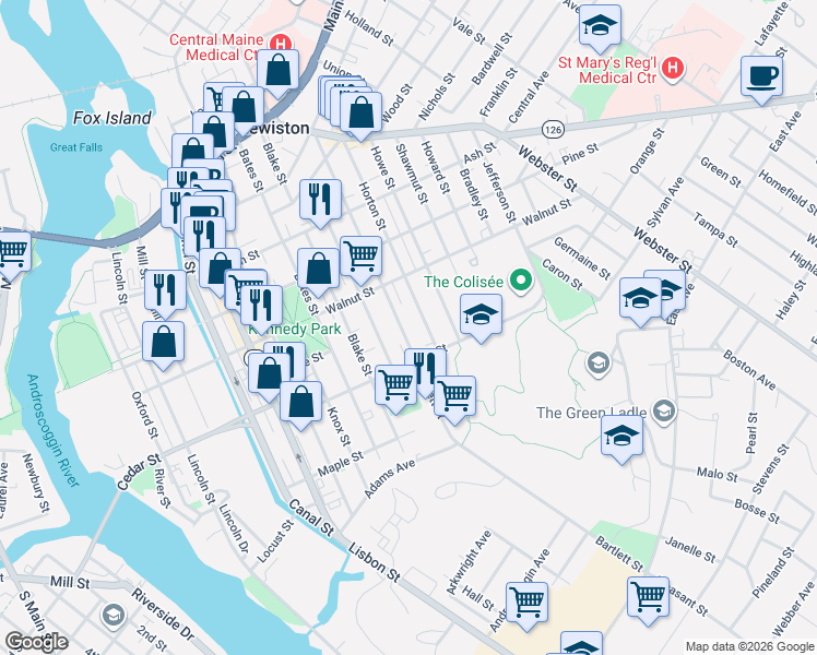 map of restaurants, bars, coffee shops, grocery stores, and more near 186 Bartlett Street in Lewiston