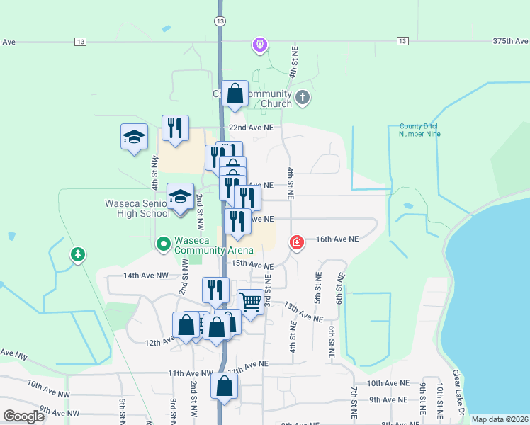 map of restaurants, bars, coffee shops, grocery stores, and more near 1605 4th Street Northeast in Waseca