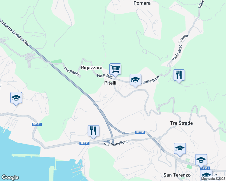 map of restaurants, bars, coffee shops, grocery stores, and more near 110 Via Umberto Biancamano in Lerici