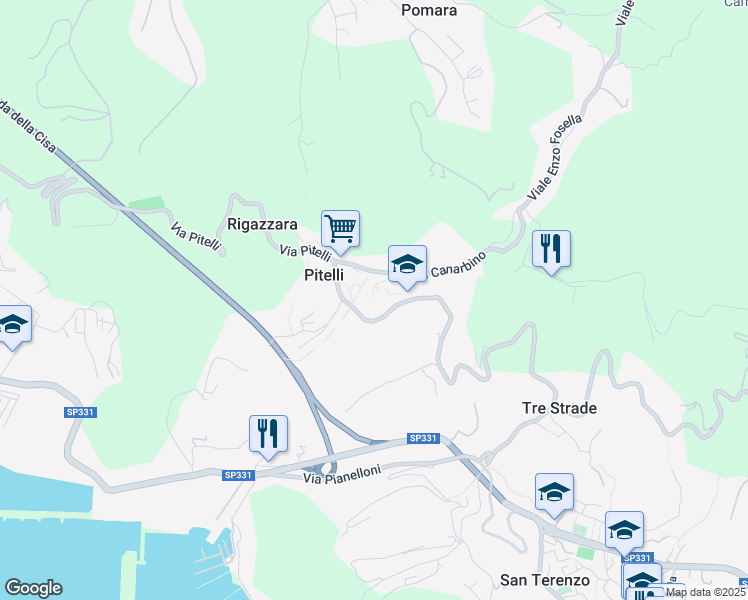 map of restaurants, bars, coffee shops, grocery stores, and more near 150 Via Umberto Biancamano in Lerici