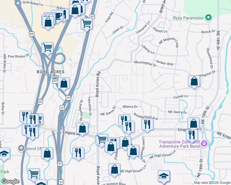 map of restaurants, bars, coffee shops, grocery stores, and more near 63200 Logan Avenue in Bend