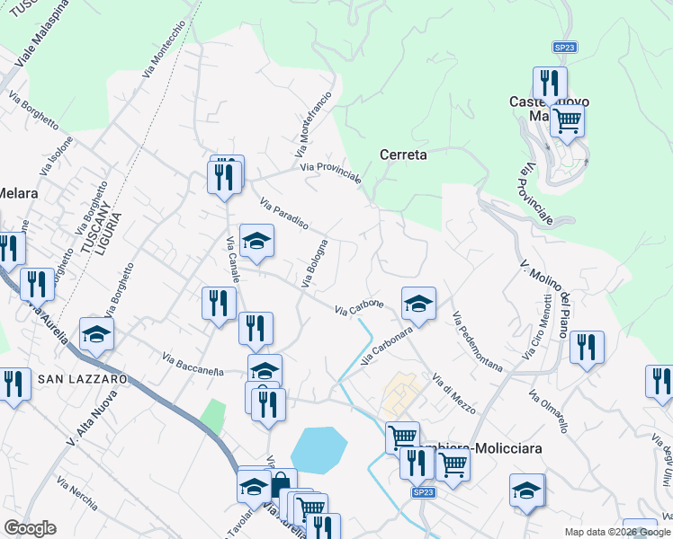 map of restaurants, bars, coffee shops, grocery stores, and more near 17 Via Carbone in Colombiera-molicciara