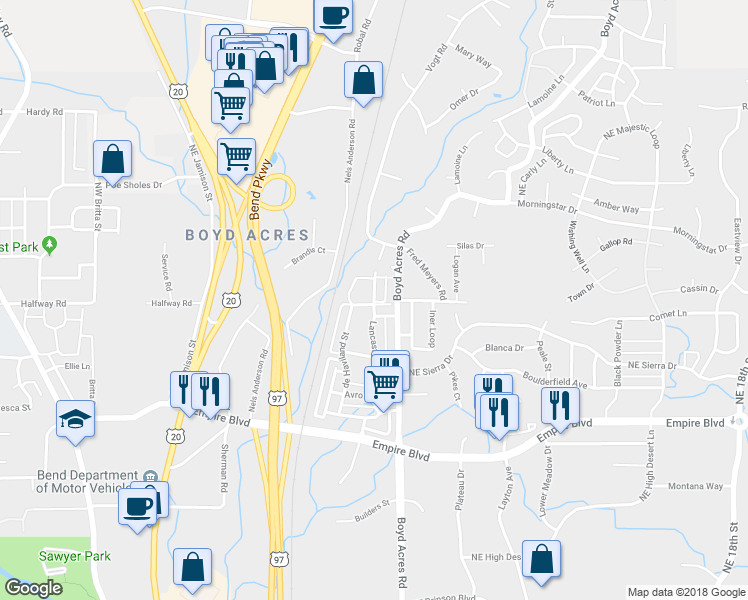 map of restaurants, bars, coffee shops, grocery stores, and more near 63177 Lancaster Street in Bend