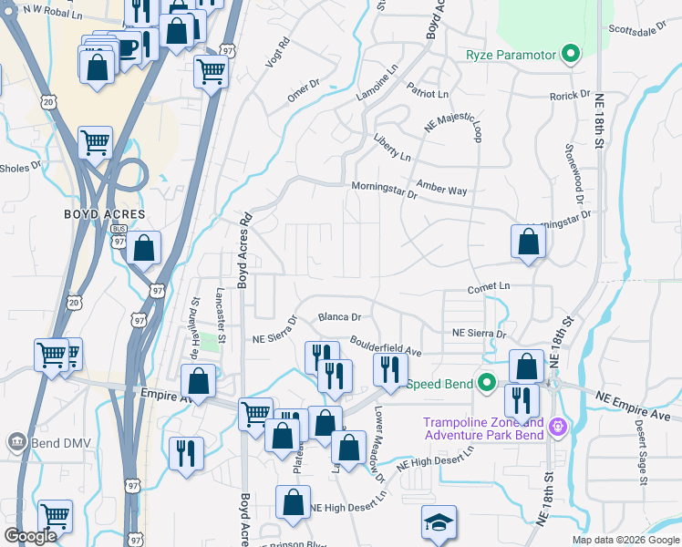 map of restaurants, bars, coffee shops, grocery stores, and more near 20630 Fred Meyers Road in Bend
