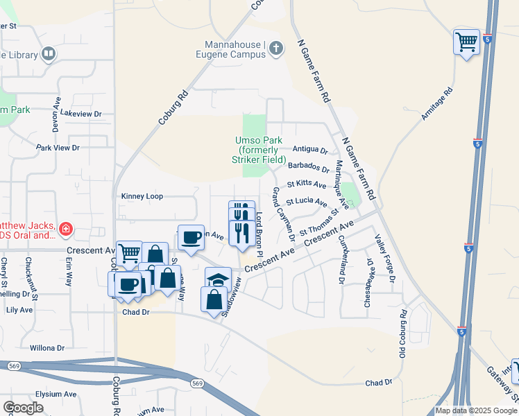 map of restaurants, bars, coffee shops, grocery stores, and more near 3017 Lord Byron Place in Eugene