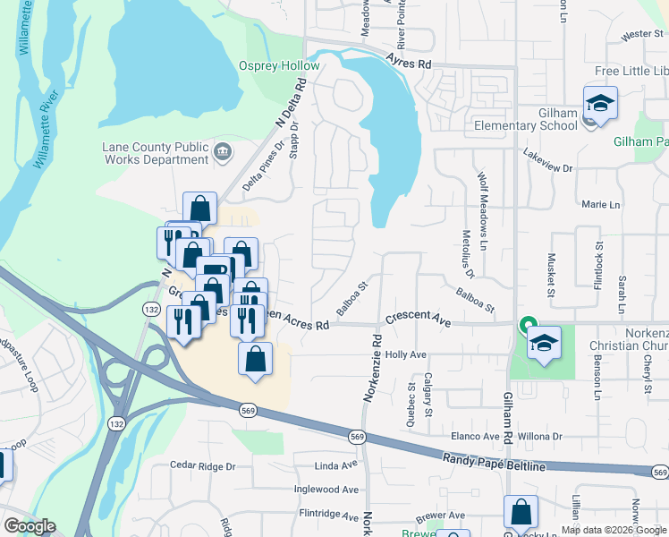 map of restaurants, bars, coffee shops, grocery stores, and more near 1475 Green Acres Road in Eugene