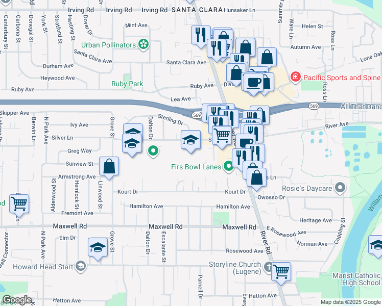 map of restaurants, bars, coffee shops, grocery stores, and more near 210 Sterling Drive in Eugene