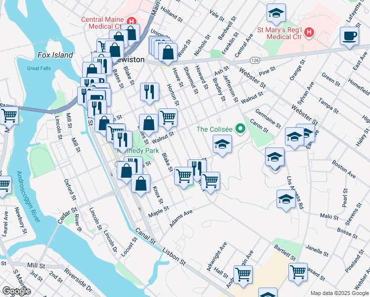 map of restaurants, bars, coffee shops, grocery stores, and more near 135 Bartlett Street in Lewiston