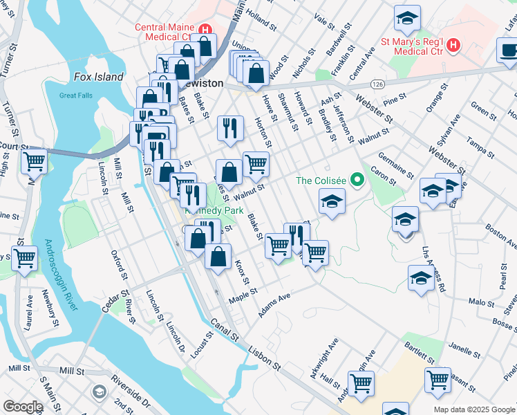 map of restaurants, bars, coffee shops, grocery stores, and more near 135 Bartlett Street in Lewiston