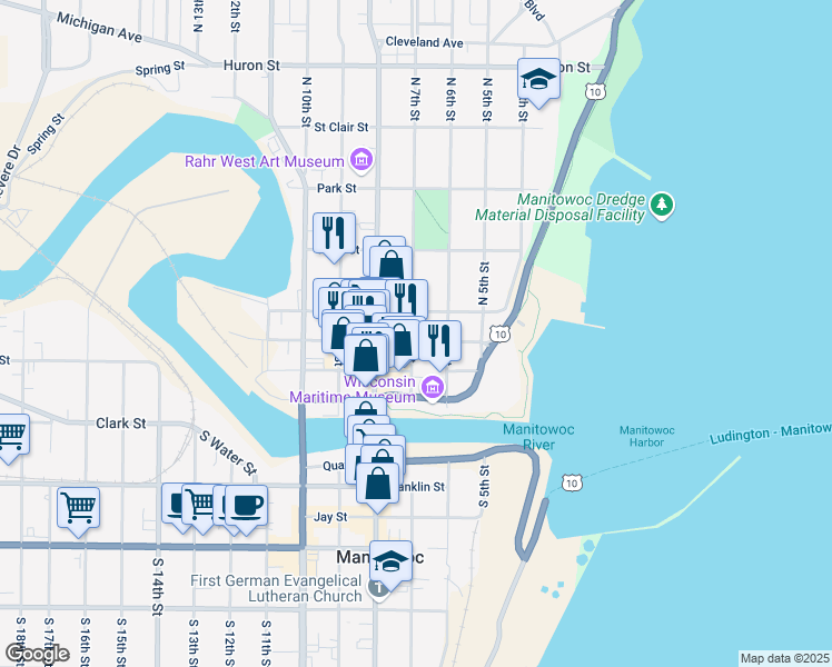 map of restaurants, bars, coffee shops, grocery stores, and more near 606 Chicago Street in Manitowoc