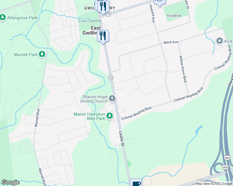 map of restaurants, bars, coffee shops, grocery stores, and more near 18699 Leslie Street in East Gwillimbury