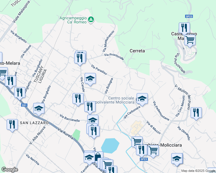 map of restaurants, bars, coffee shops, grocery stores, and more near 12 Via Bologna in Colombiera-Molicciara