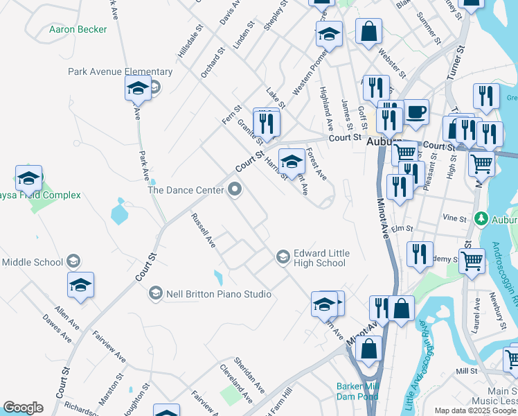 map of restaurants, bars, coffee shops, grocery stores, and more near 39 Summit Street in Auburn