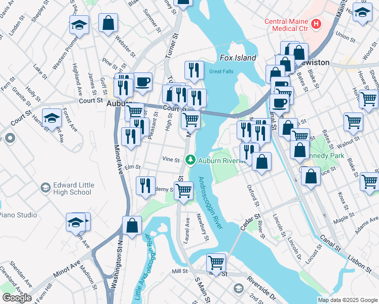 map of restaurants, bars, coffee shops, grocery stores, and more near 170 Main Street in Auburn
