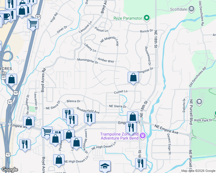 map of restaurants, bars, coffee shops, grocery stores, and more near 63200 Wishing Well Lane in Bend