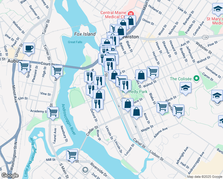 map of restaurants, bars, coffee shops, grocery stores, and more near 67 Canal Street in Lewiston