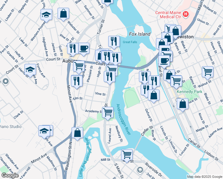 map of restaurants, bars, coffee shops, grocery stores, and more near 170 Main Street in Auburn