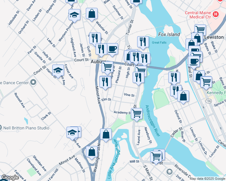 map of restaurants, bars, coffee shops, grocery stores, and more near 57 Drummond Street in Auburn