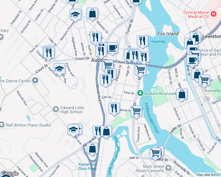 map of restaurants, bars, coffee shops, grocery stores, and more near 121 Spring Street in Auburn