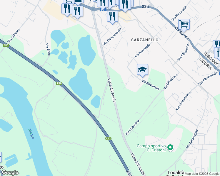 map of restaurants, bars, coffee shops, grocery stores, and more near in Sarzana