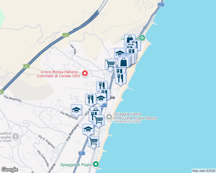 map of restaurants, bars, coffee shops, grocery stores, and more near 45 Via Pontetto in Ceriale