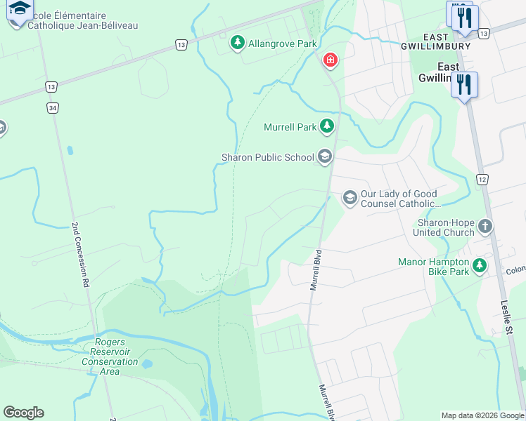 map of restaurants, bars, coffee shops, grocery stores, and more near Charles White Court in East Gwillimbury
