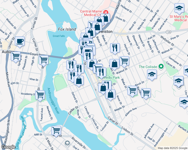 map of restaurants, bars, coffee shops, grocery stores, and more near 215 Lisbon Street in Lewiston