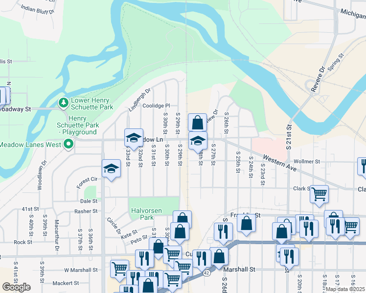 map of restaurants, bars, coffee shops, grocery stores, and more near 2819 Meadow Lane in Manitowoc